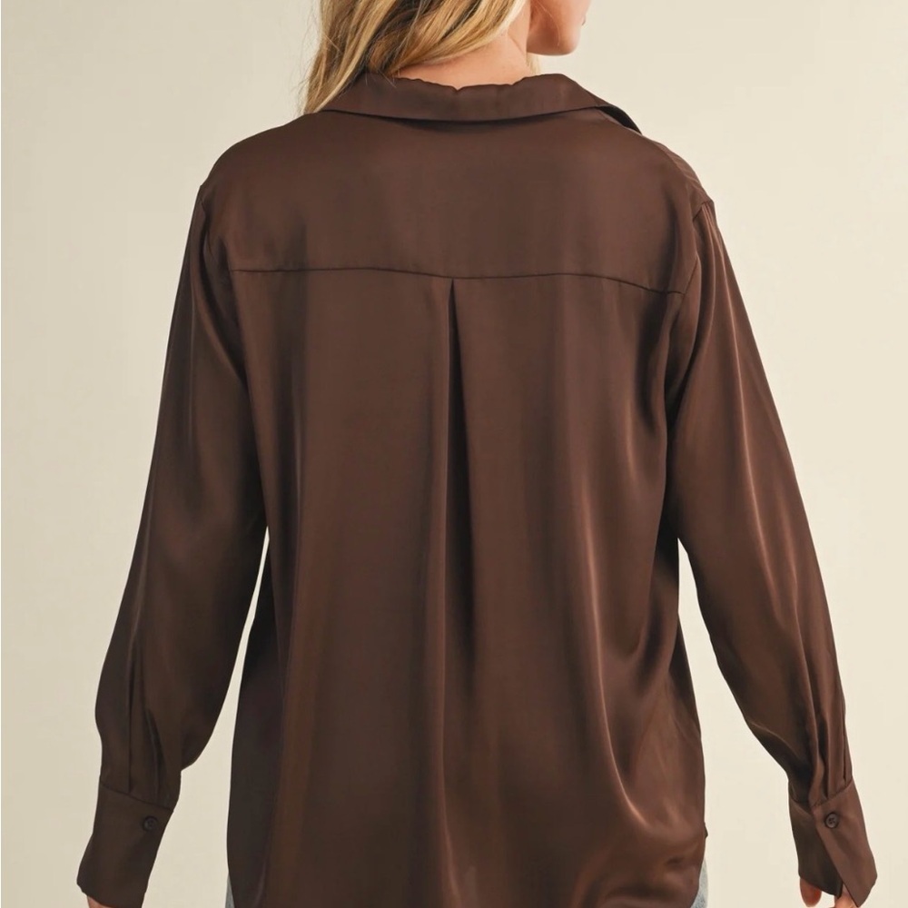 Mustard Seed Button Down Shirt Women Size S Brown Modern Dual Pocket Long Sleeve